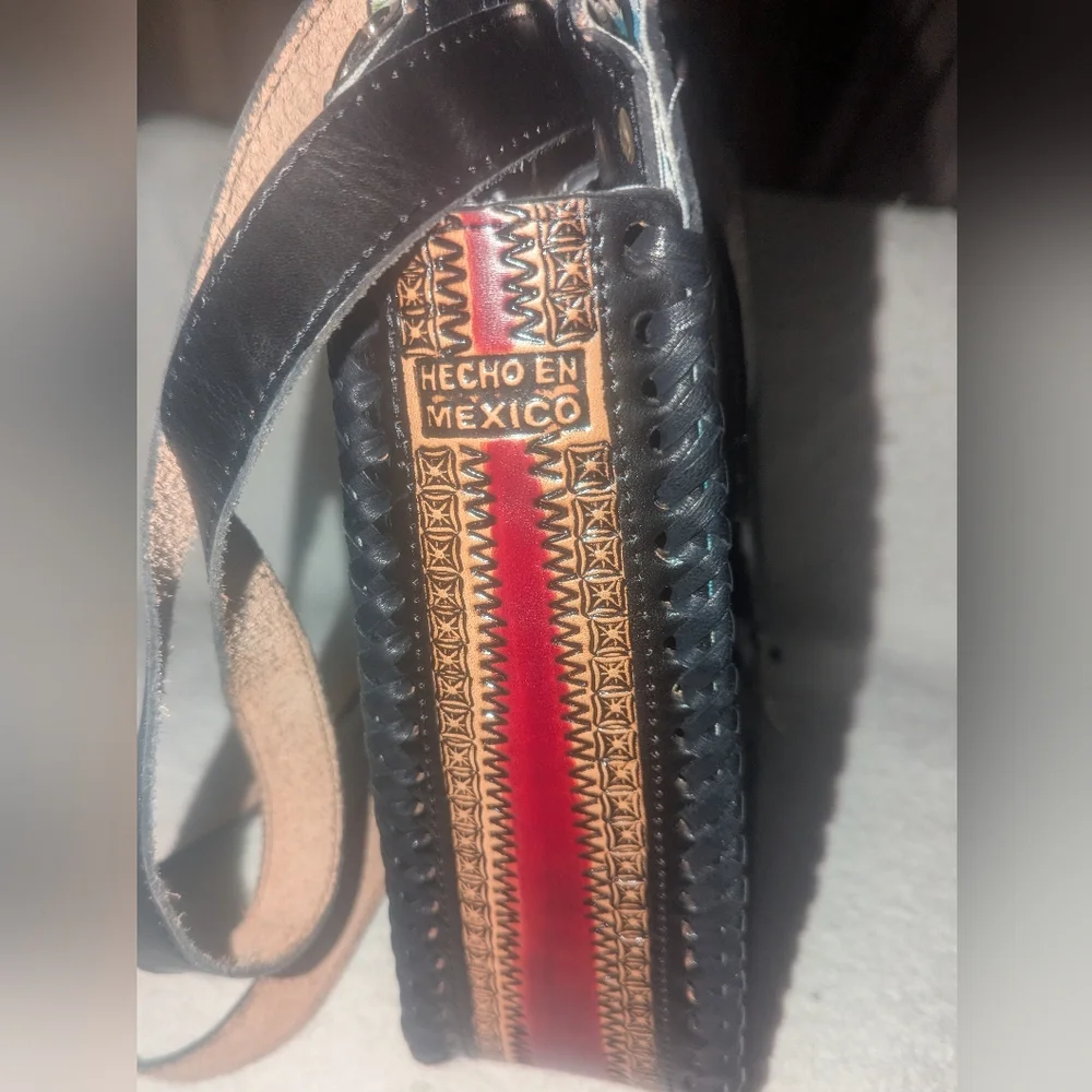Handcrafted Leather Tooled Shoulder Bag - Black, Red, and Tan - Picture 5 of 9
